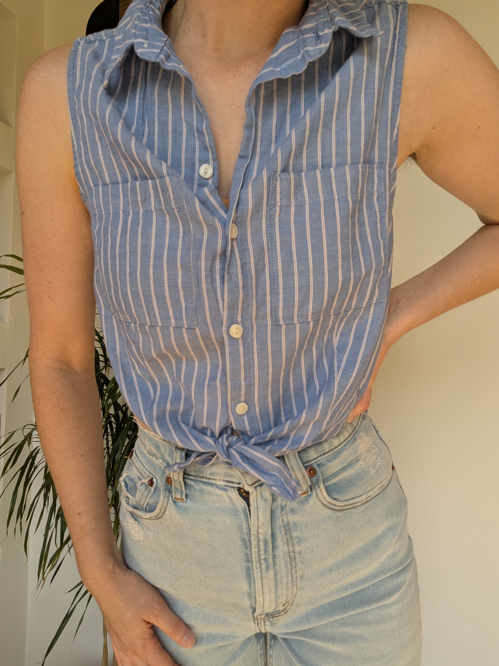 H&M Blue and White Striped Sleeveless Tie-Front Crop Top